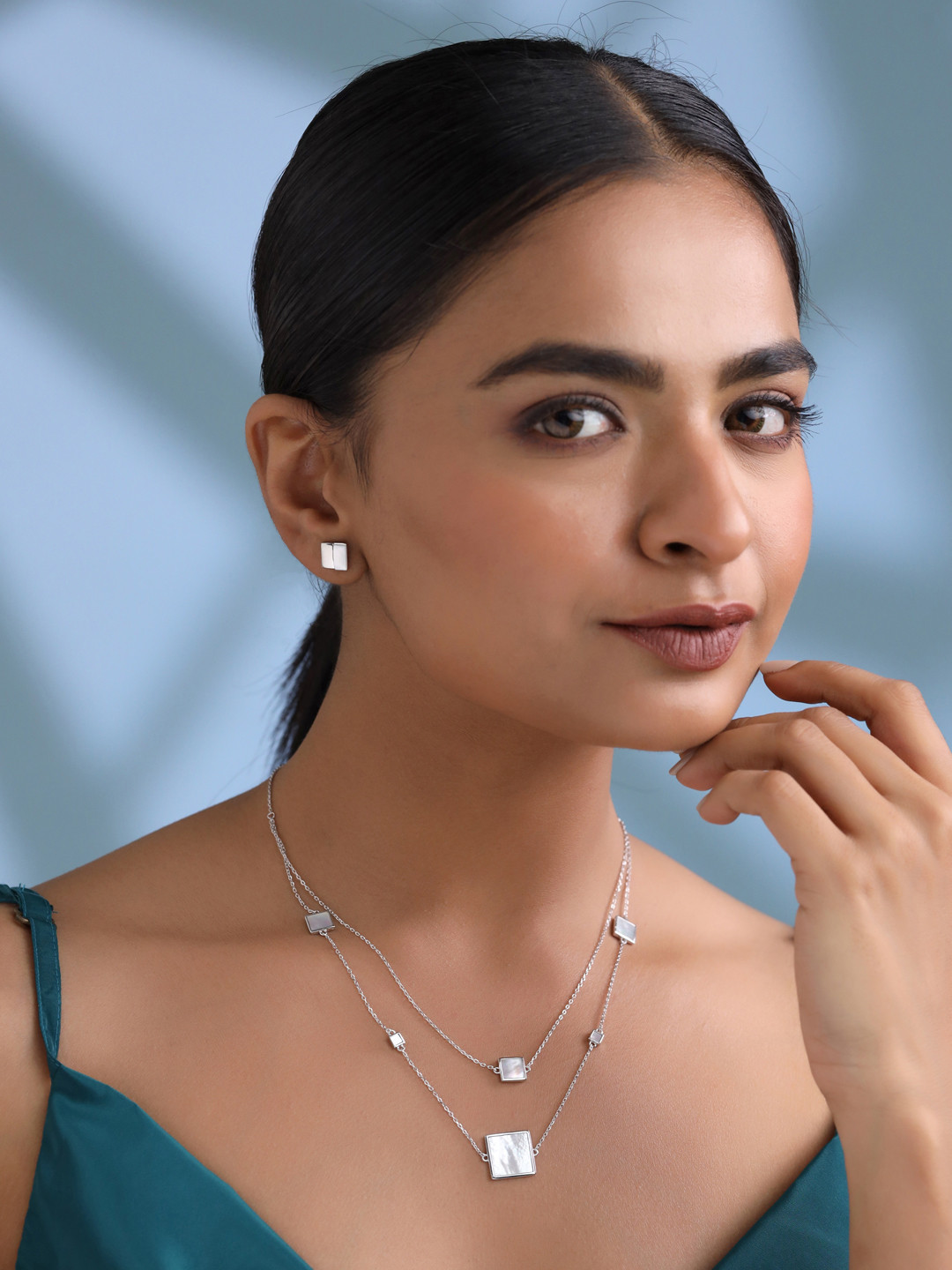 Kicky And Perky 925 Sterling Silver Layered Necklace & Earring Set with MOP Accents