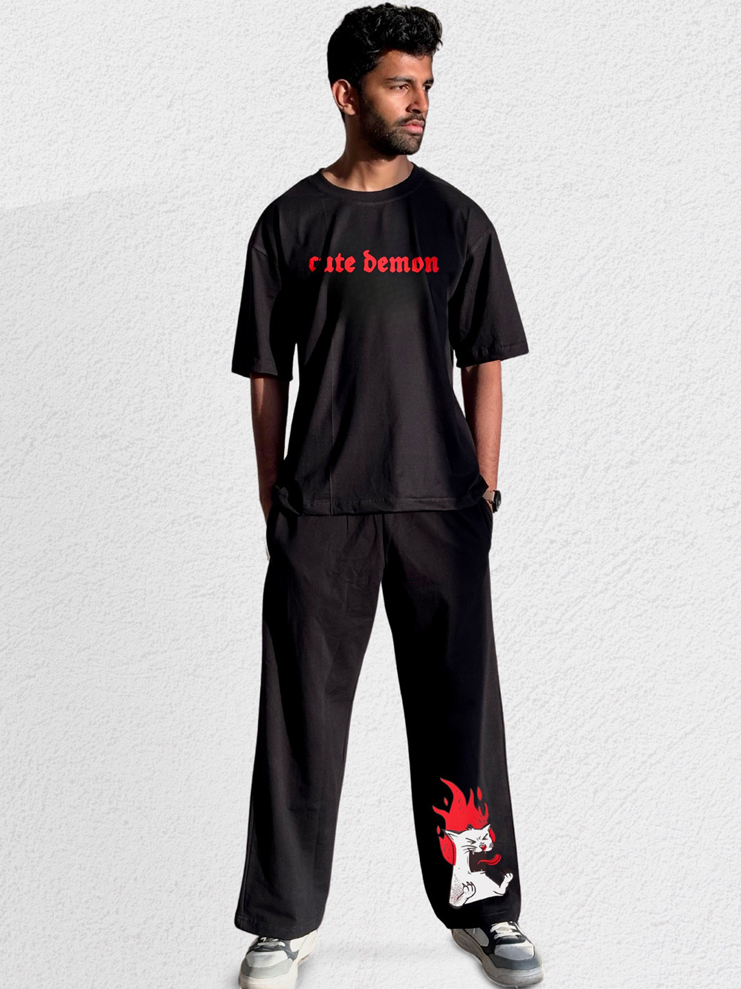 TheBTclub Cute Demon Graphic Printed Round Neck T-shirt With Joggers