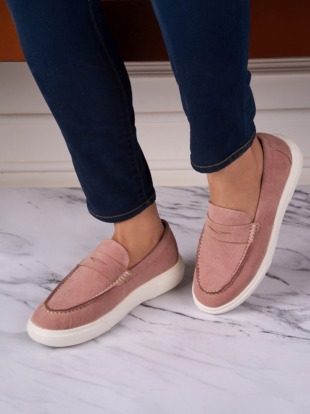 ID Women Round Toe Leather Penny Loafers