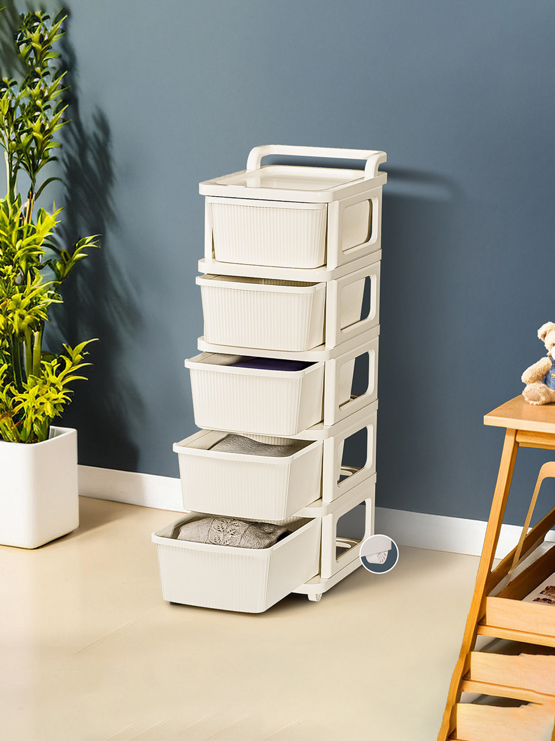 Kuber Industries Cream-Colored Textured 5-Layer Storage Drawer Organizer With Wheels