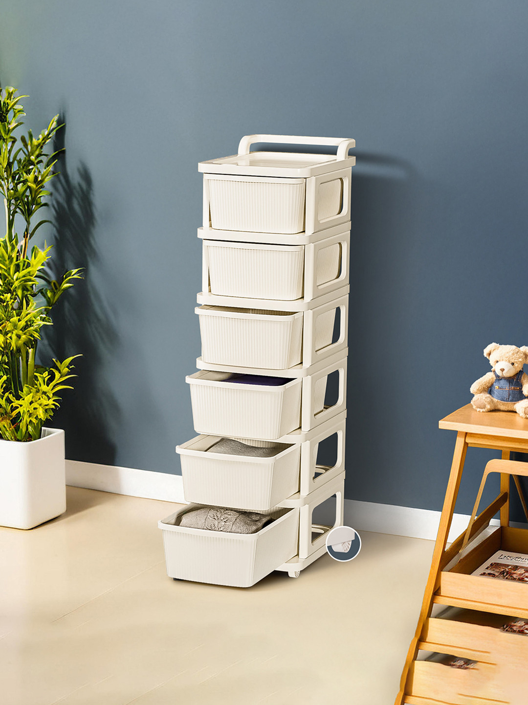 Kuber Industries Cream-Colored Textured 6-Layer Storage Drawer Organizer With Wheels