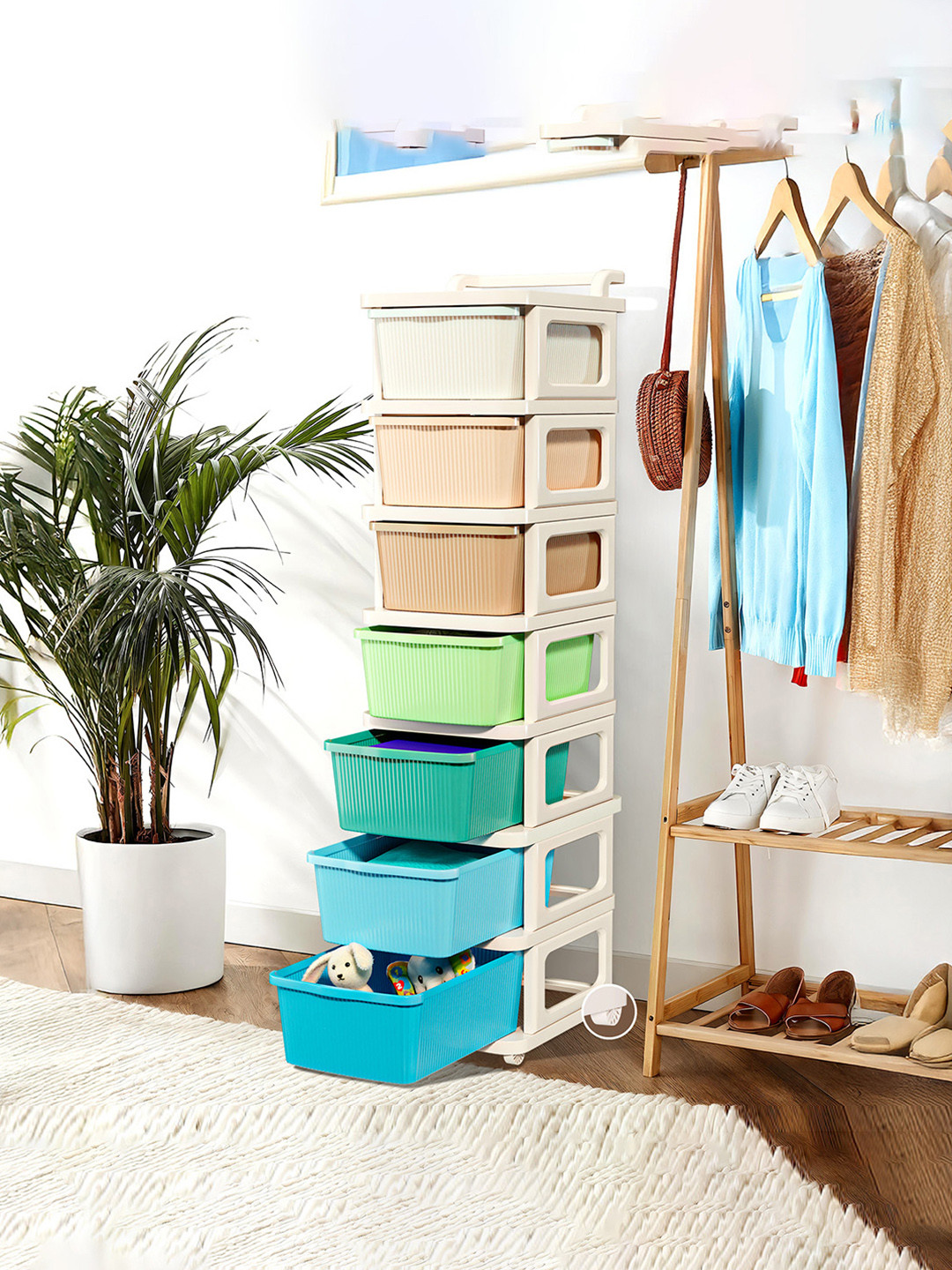 Kuber Industries 7 Layer Plastic Storage Drawer Organiser Wheels Bedroom Home Kitchen Toys