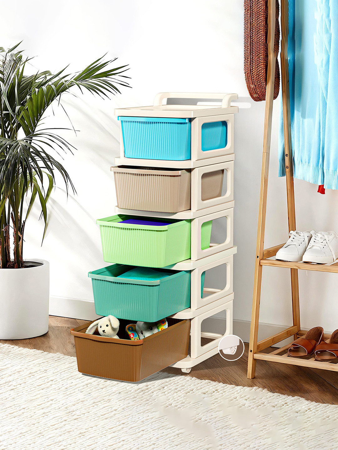 Kuber Industries Cream-Colored Textured 5-Layer Storage Drawer Organizer With Wheels