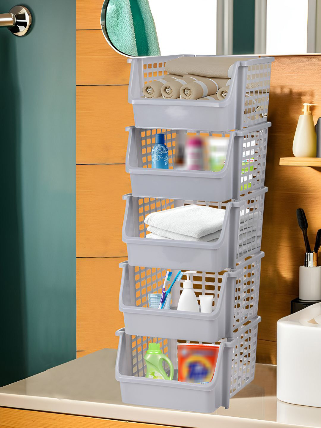 Kuber Industries Grey Self Design 5 Tier Plastic Bathroom Organiser Rack for Storage Rack