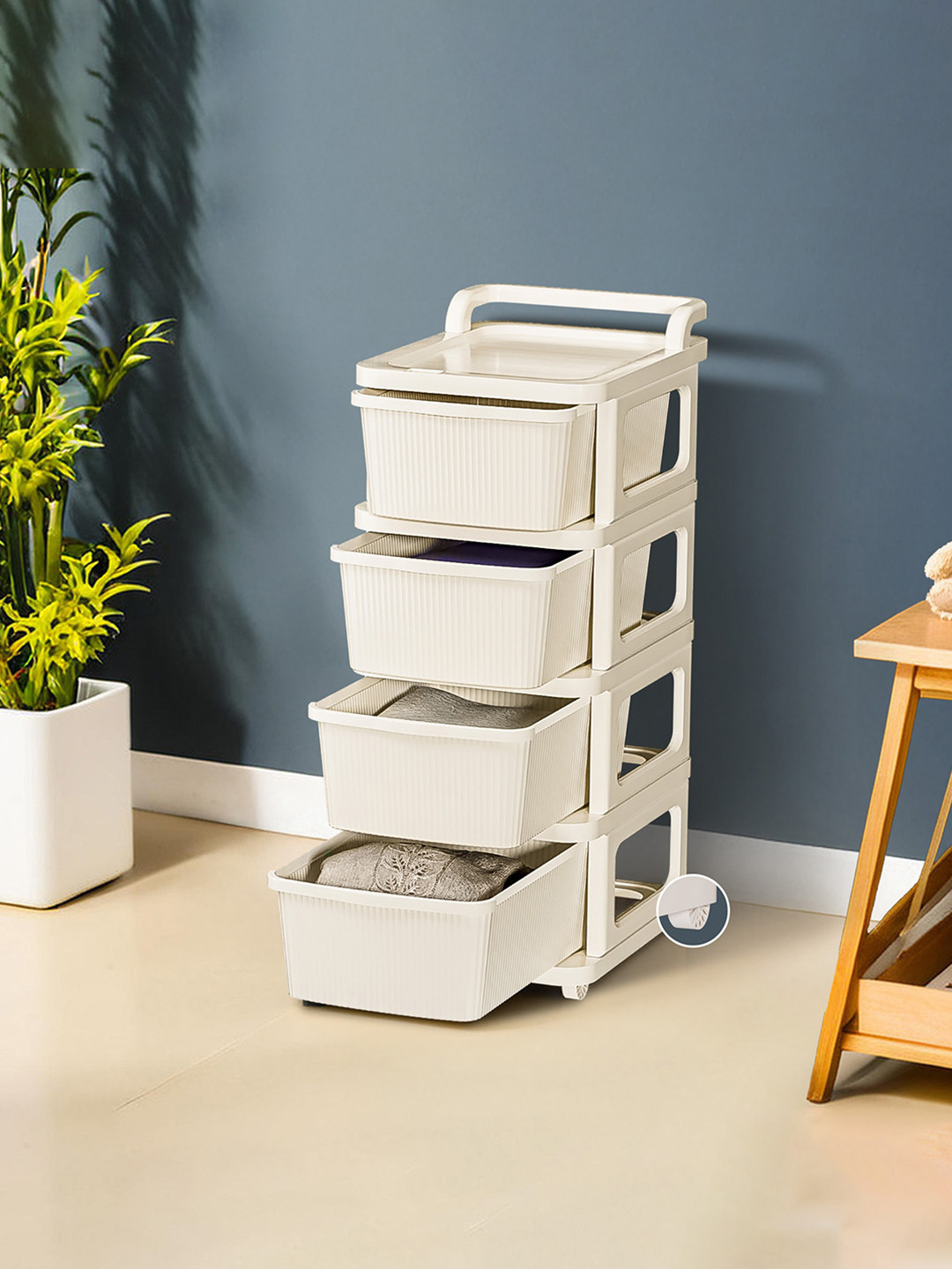 Kuber Industries Cream-Colored Textured 4-Layer Storage Drawer Organizer with Wheels