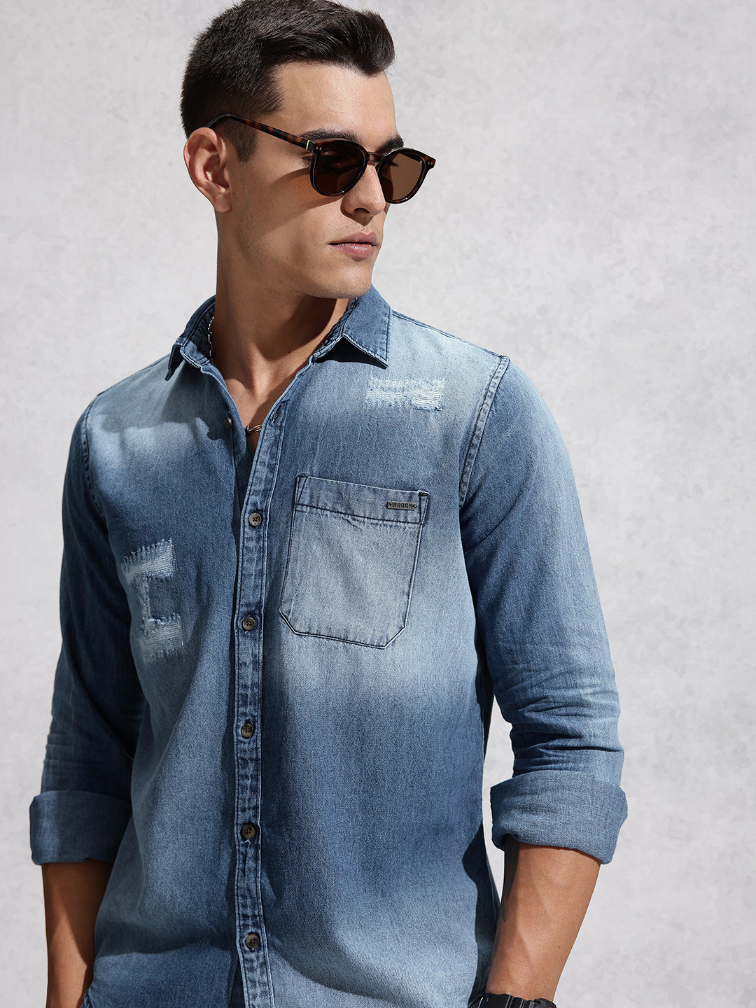 WROGN Pure Cotton Distressed Washed Denim Shirt