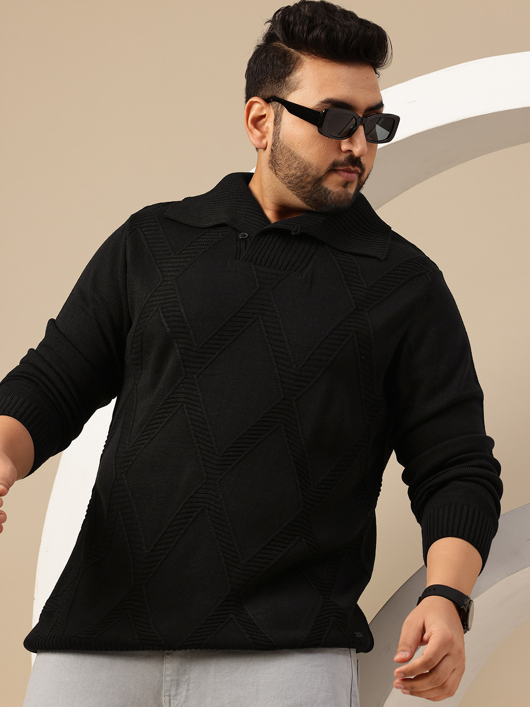 Sztori Plus Size Self Design Geometric Pullover Sweaters