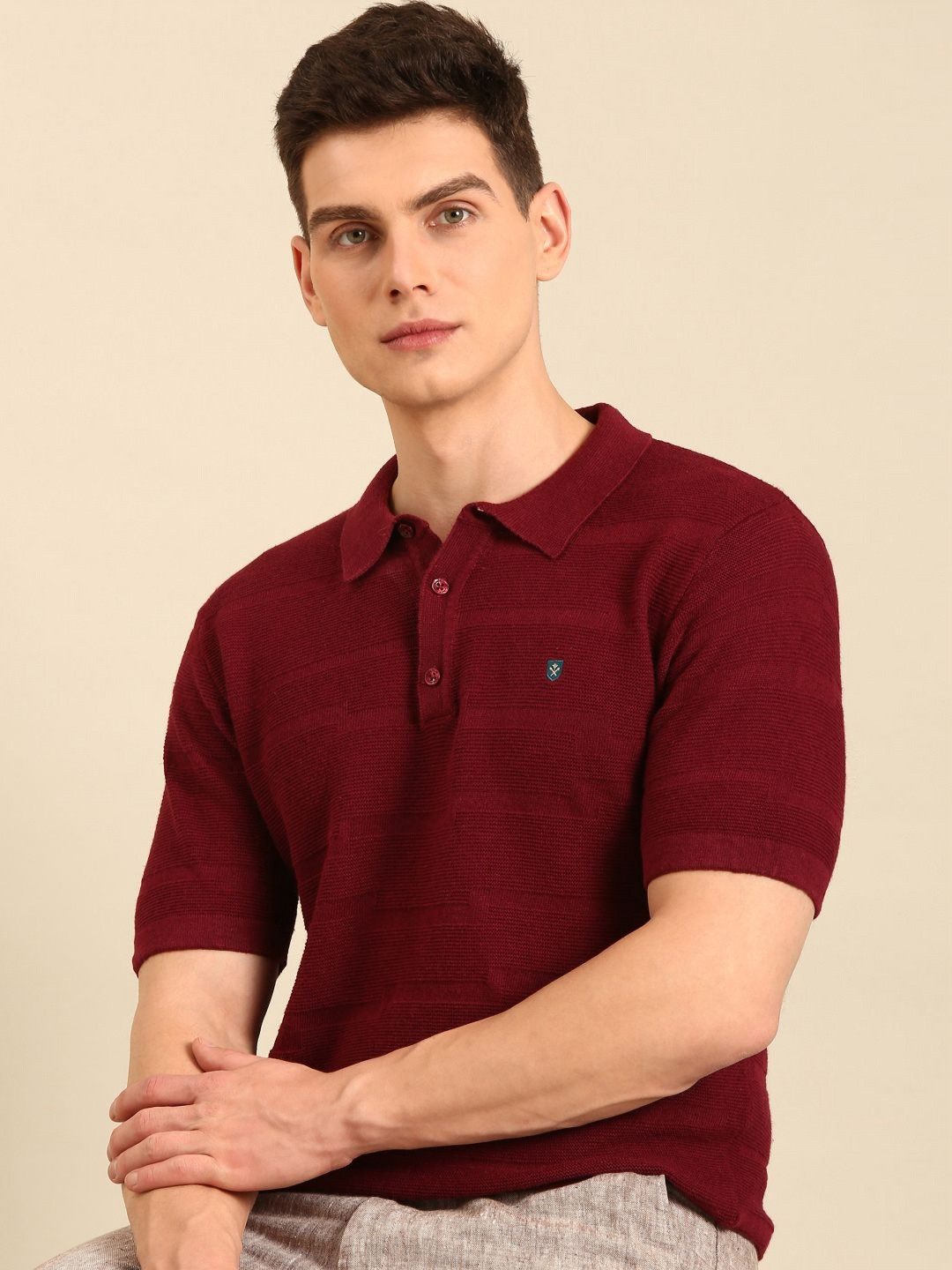 Linen Club Men Self Design Polo Collar T-shirt