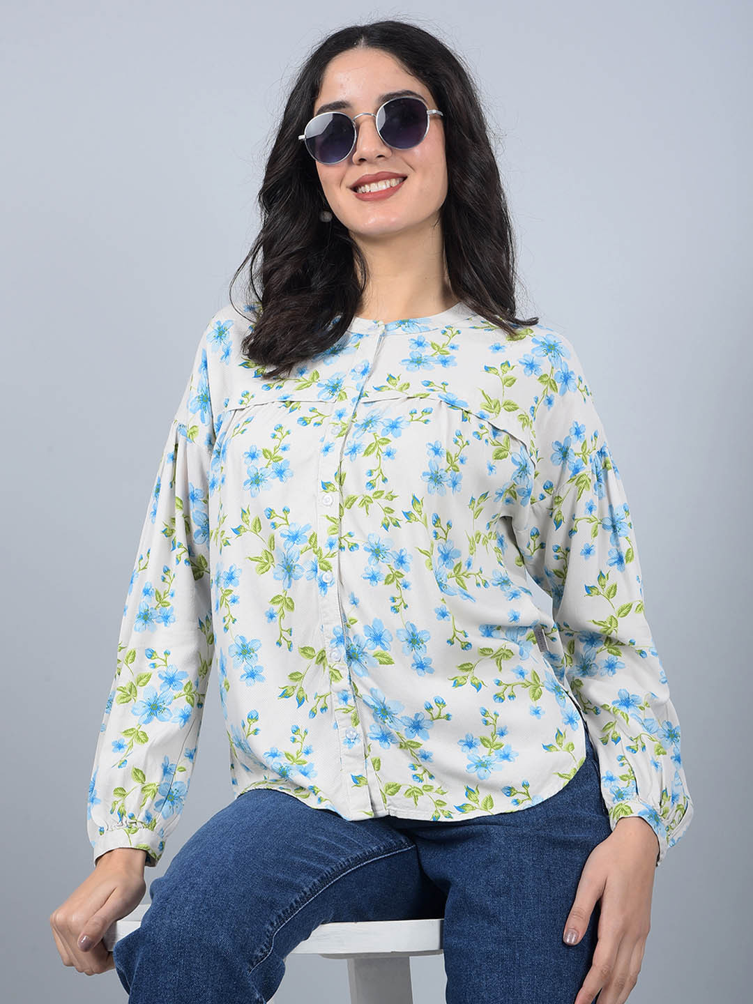 Crimsoune Club Slim Fit Floral Band Collar Opaque Printed Shirt