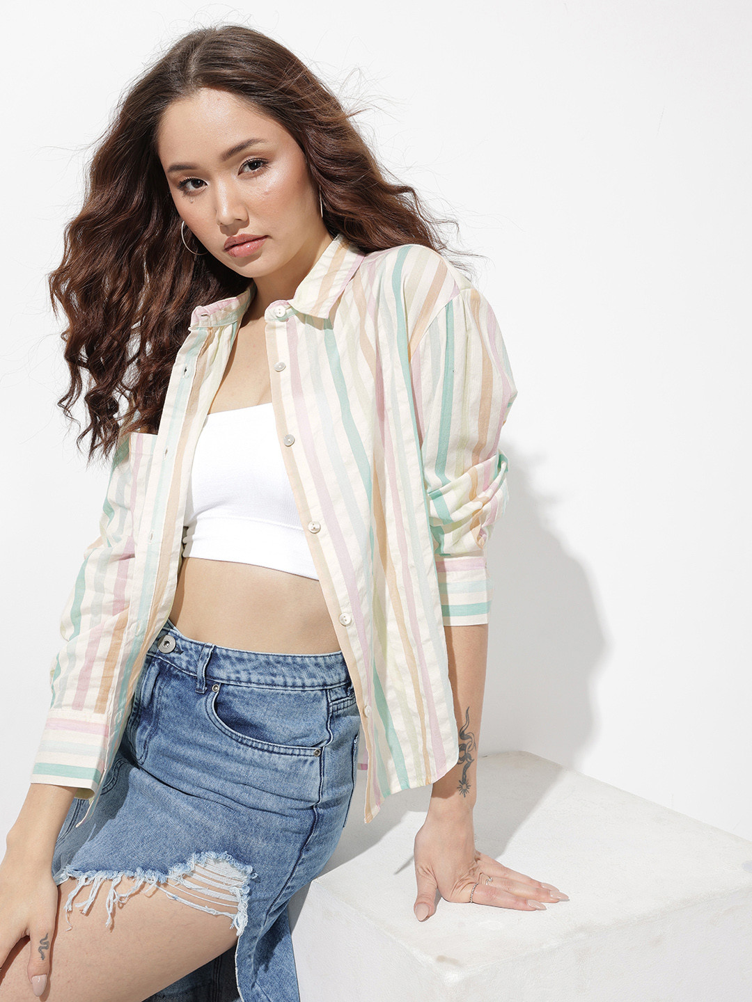 The Roadster Lifestyle Co. Striped Oversized Pure Cotton Casual Shirt