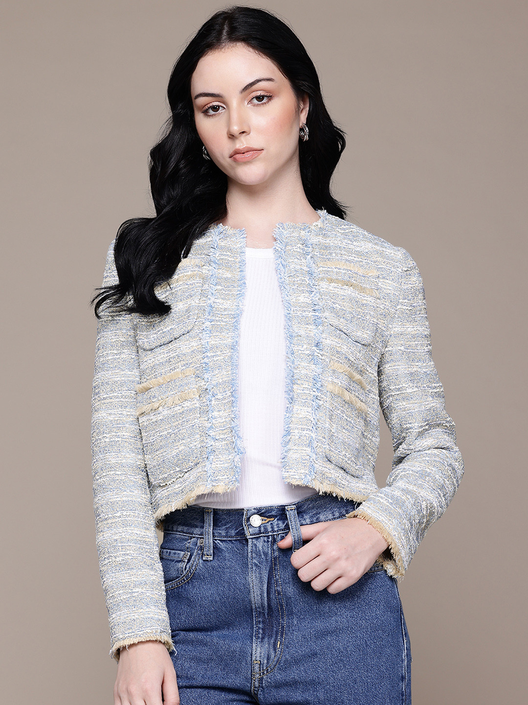 MANGO Tweed Frayed Hem Open Front Jacket