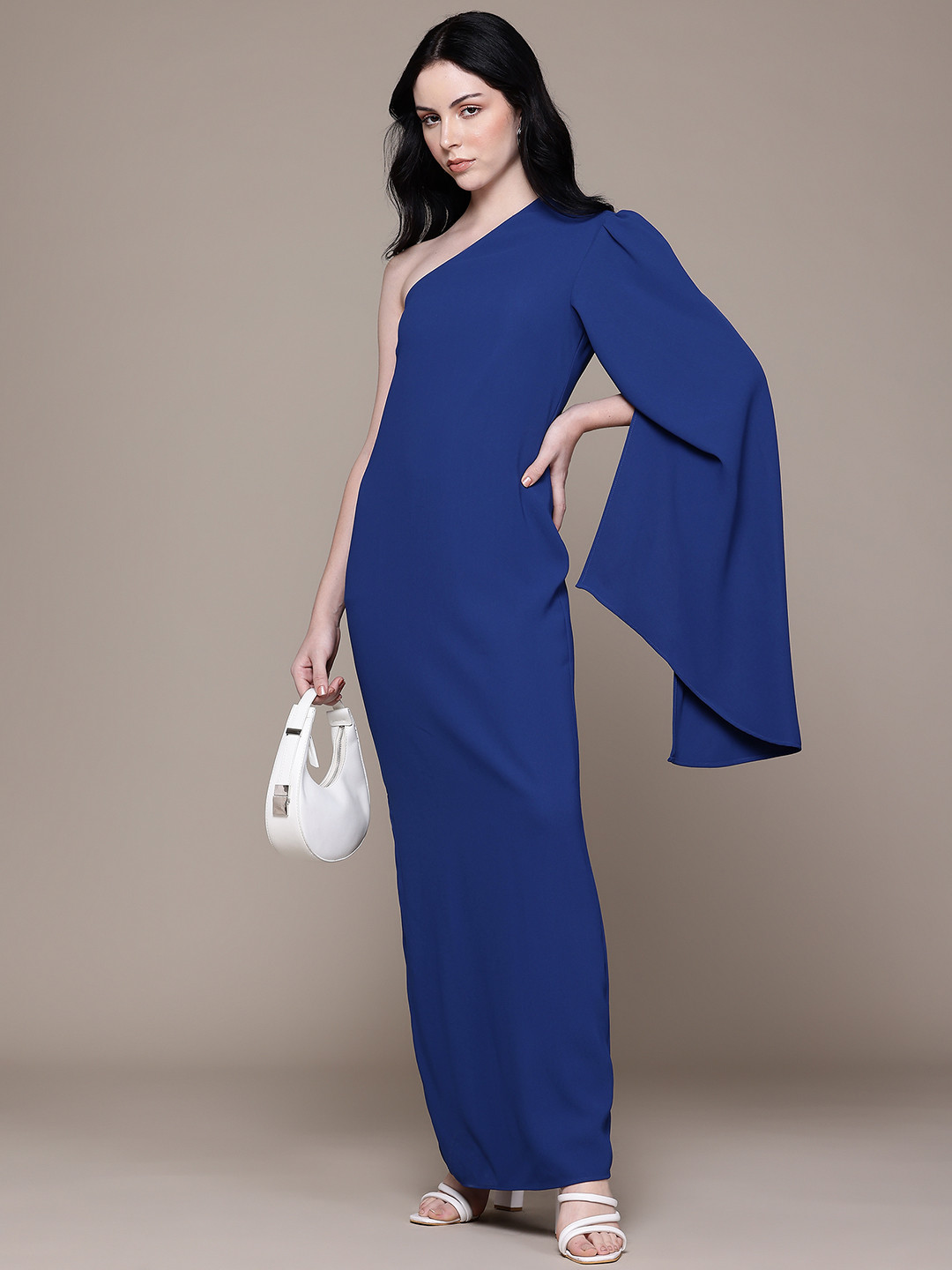 MANGO One-Shoulder Cape Sleeves Party Maxi Sheath Dress with Side Slit