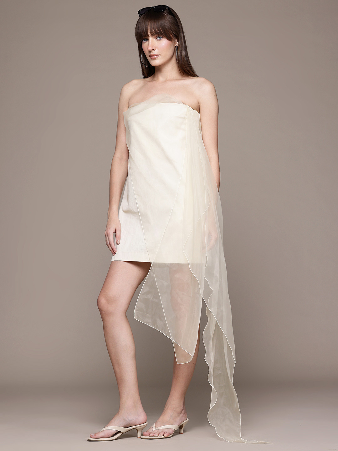 MANGO SELECTION Strapless Party Mini Fitted Bandeau Dress with Attached Sheer Drape