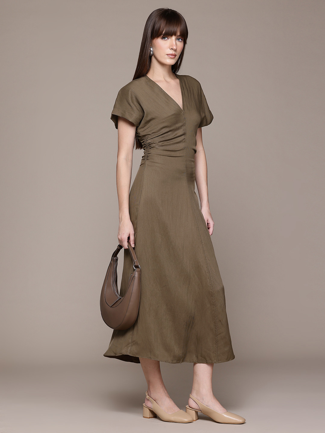 MANGO Ruched Effect Extended Sleeves Maxi A-Line Dress