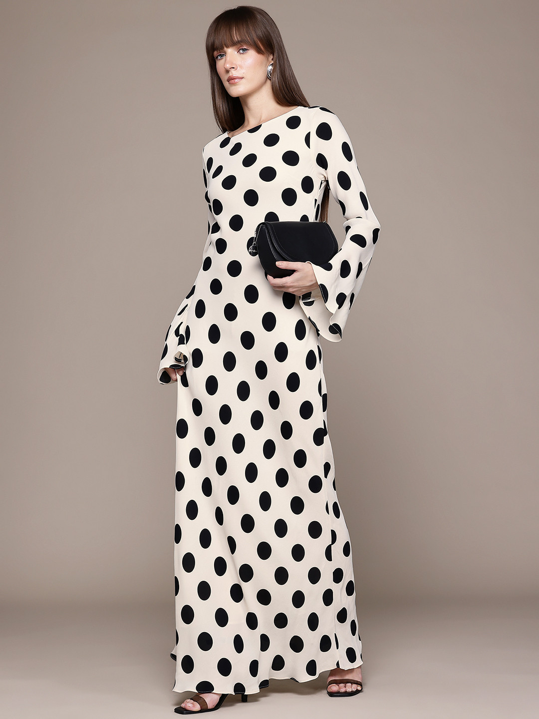 MANGO Polka Dots Print Boat Neck Bell Sleeves Maxi Slip-on Sheath Dress