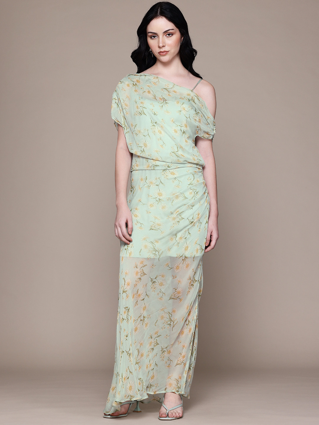 MANGO Floral Printed One-Shoulder Sheer Party Maxi Sheath Dress with Inner Lining