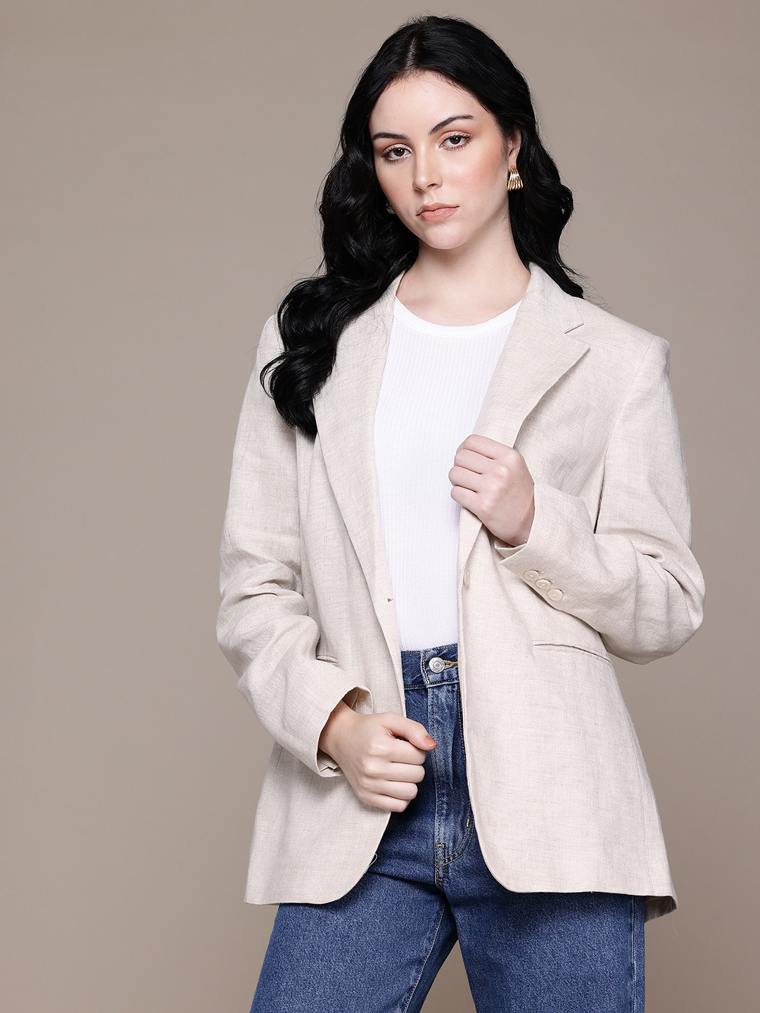 MANGO Single-Breasted Pure Linen Blazer