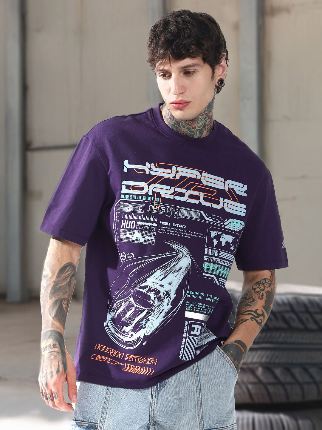 High Star Moto Racer Graphic Printed Round Neck Short Sleeves Relaxed Fit Cotton T-shirt