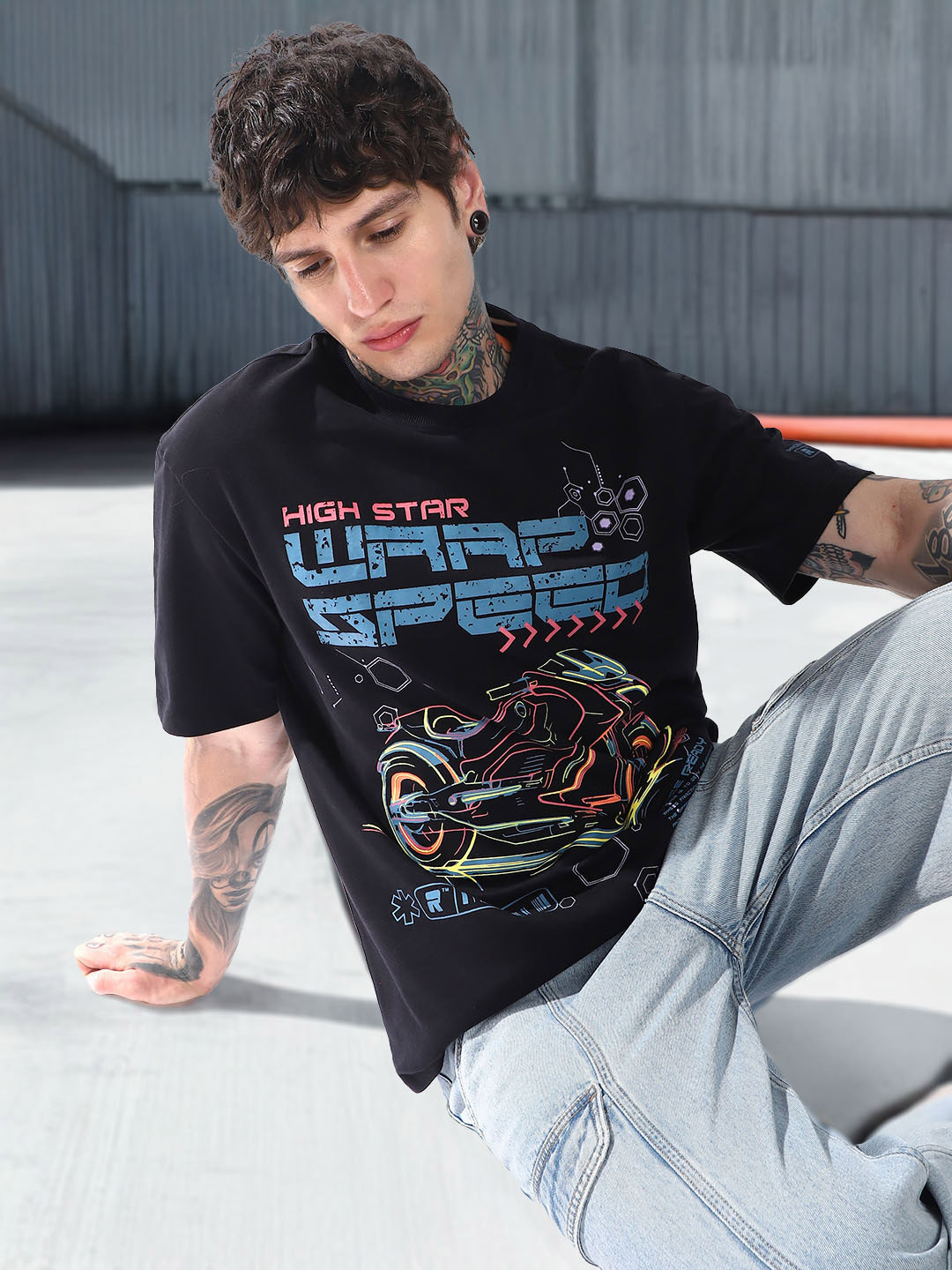 High Star Moto Racer Graphic Printed Round Neck Short Sleeves Relaxed Fit Cotton T-shirt