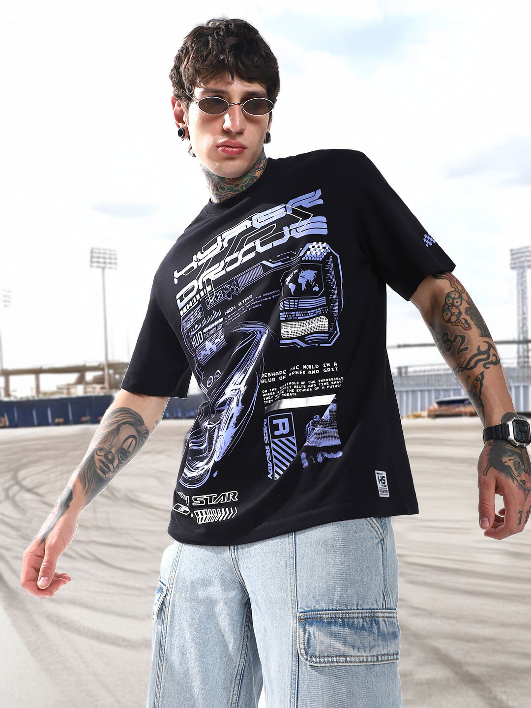 High Star Moto Racer Graphic Printed Round Neck Short Sleeves Relaxed Fit Cotton T-shirt