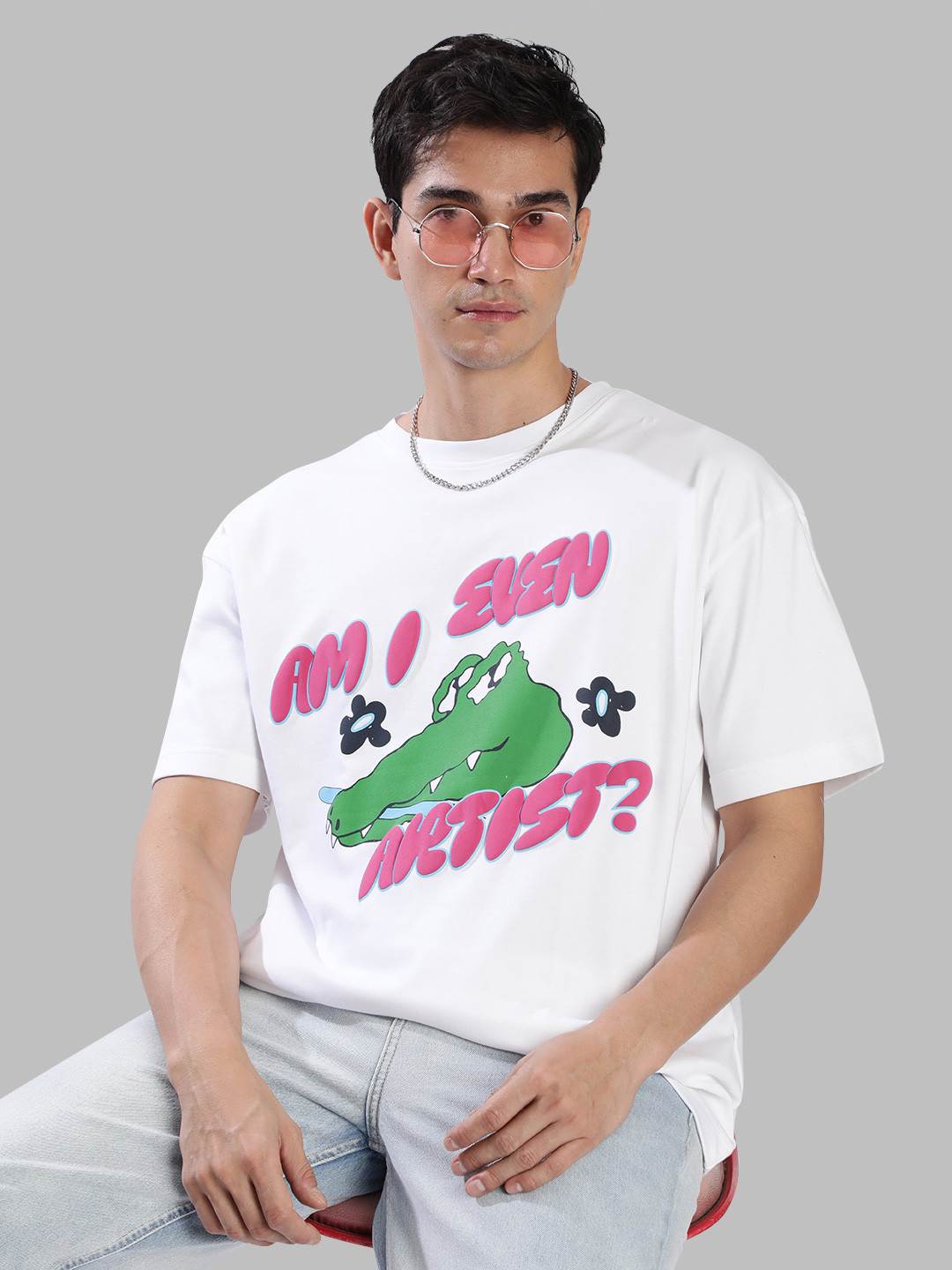 Bene Kleed Graphic Puff Printed Round Neck Drop-Shoulder Sleeves Cotton Oversized T-shirt