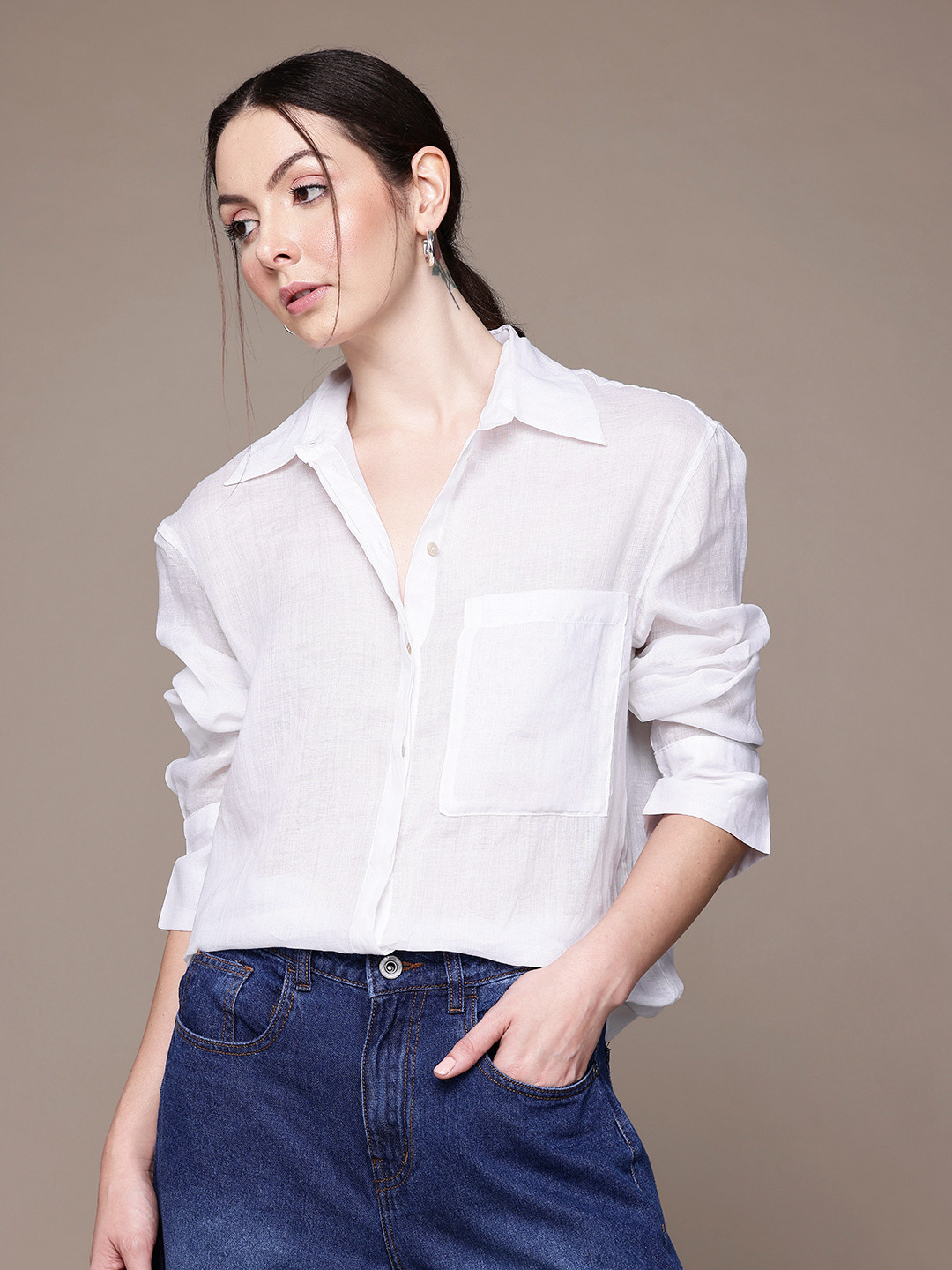 MANGO Pure Ramie Relaxed Fit Longline Semi-Sheer Shirt