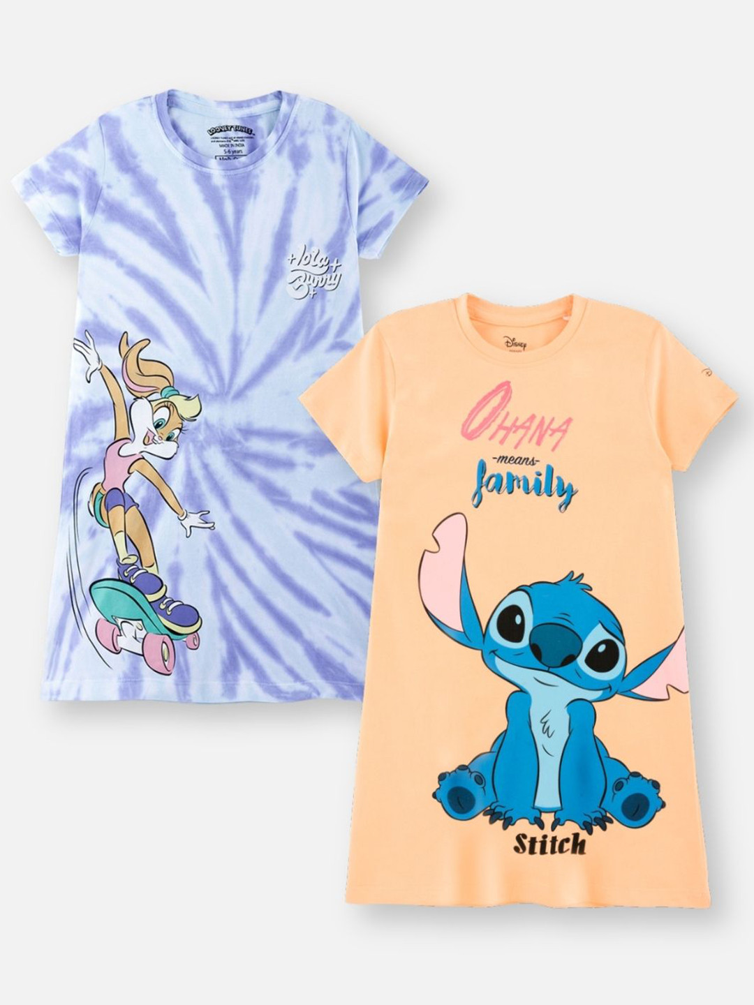 Nap Chief Girls Pack of 2 Lola Bunny & Ohana Stitch Printed Pure Cotton T-shirt Dress