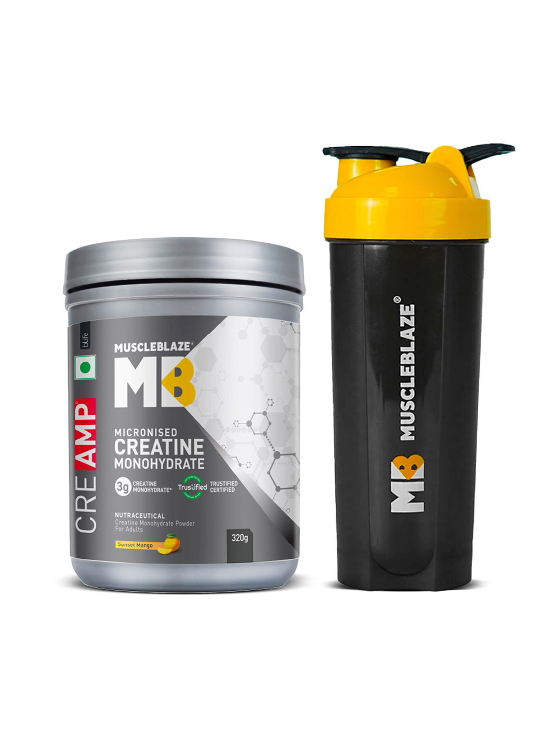 MuscleBlaze Creatine Monohydrate CreAMP - 320g - Sunset Mango with Shaker - 650 ml