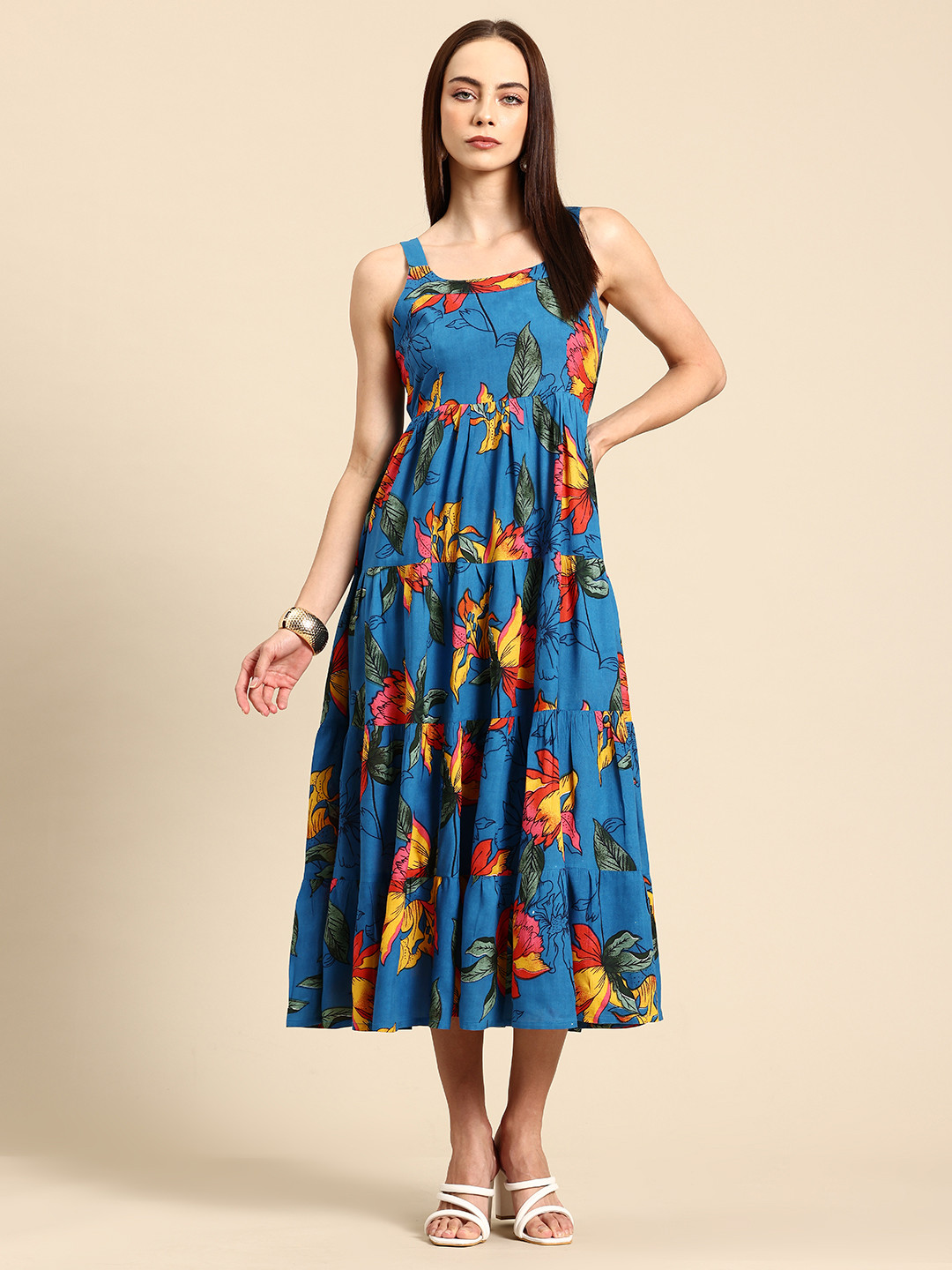 A&K Floral Print Layered Fit & Flare Maxi Dress