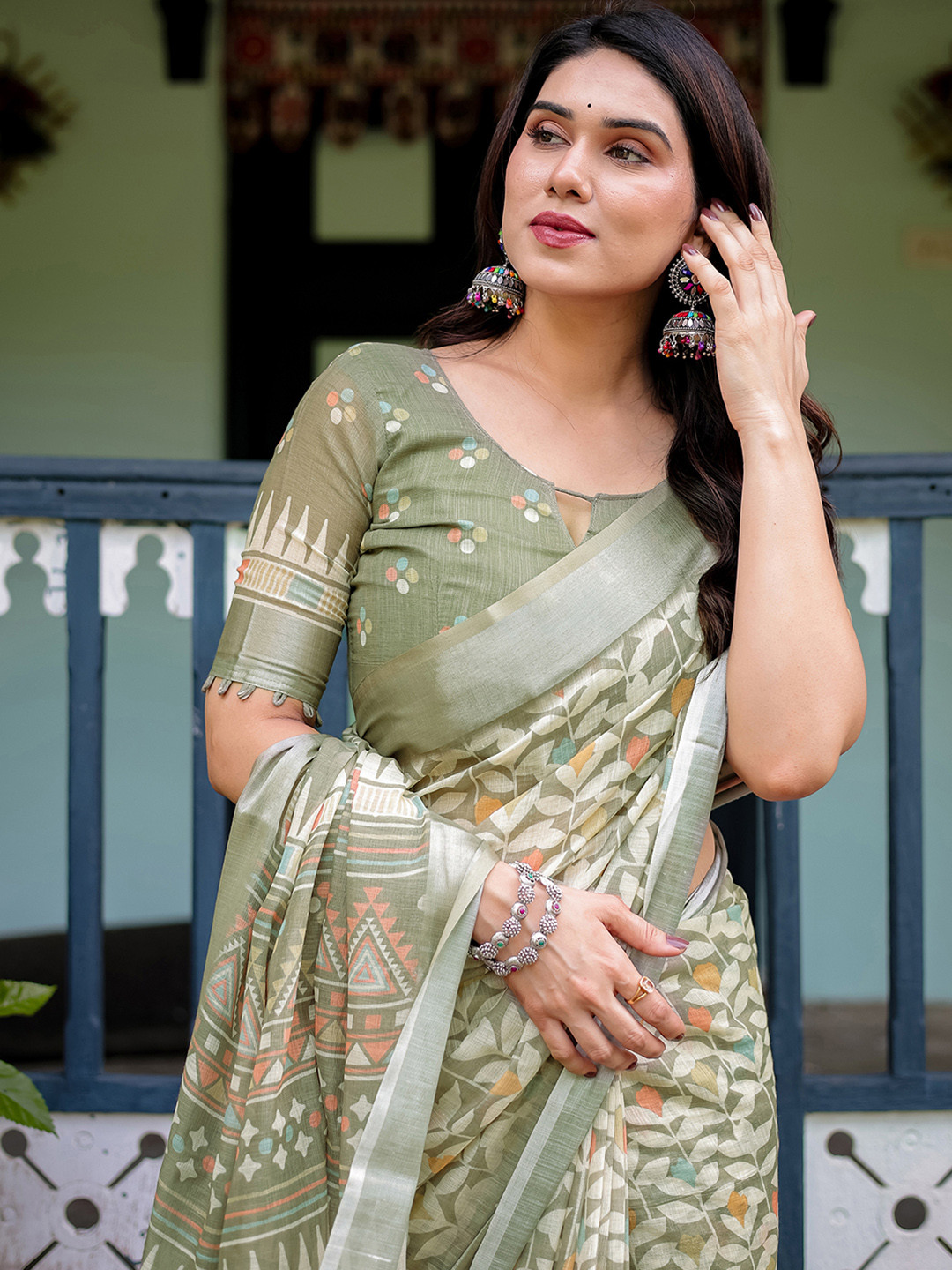 Mitera Printed Zari Pure Linen Saree