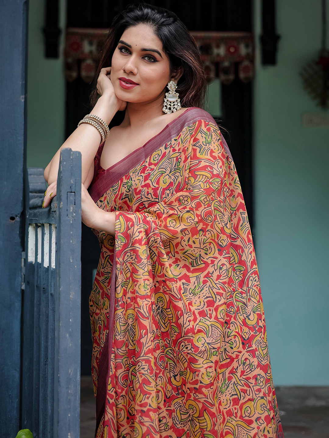 HERE&NOW Abstract Printed Woven Design Zari Linen Saree With Unstitched Blouse Piece