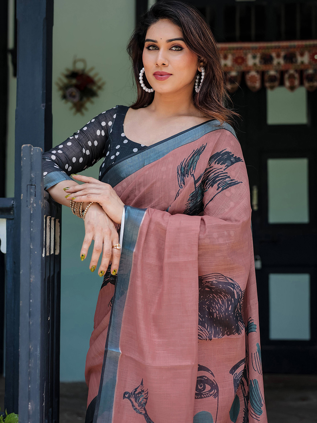 HERE&NOW Printed Zari Pure Linen Banarasi Saree
