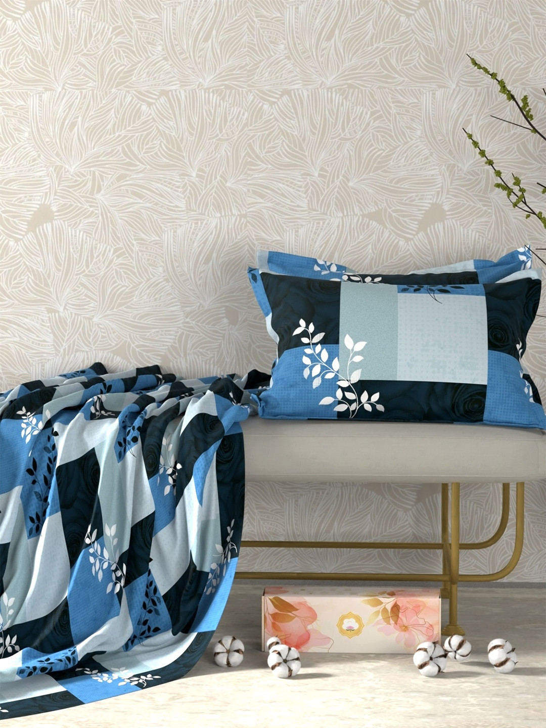 Pure Decor Lounge Blue Floral Cotton 180 TC King Fine Bedsheet with 2 Pillow Covers-274 x 274 cm