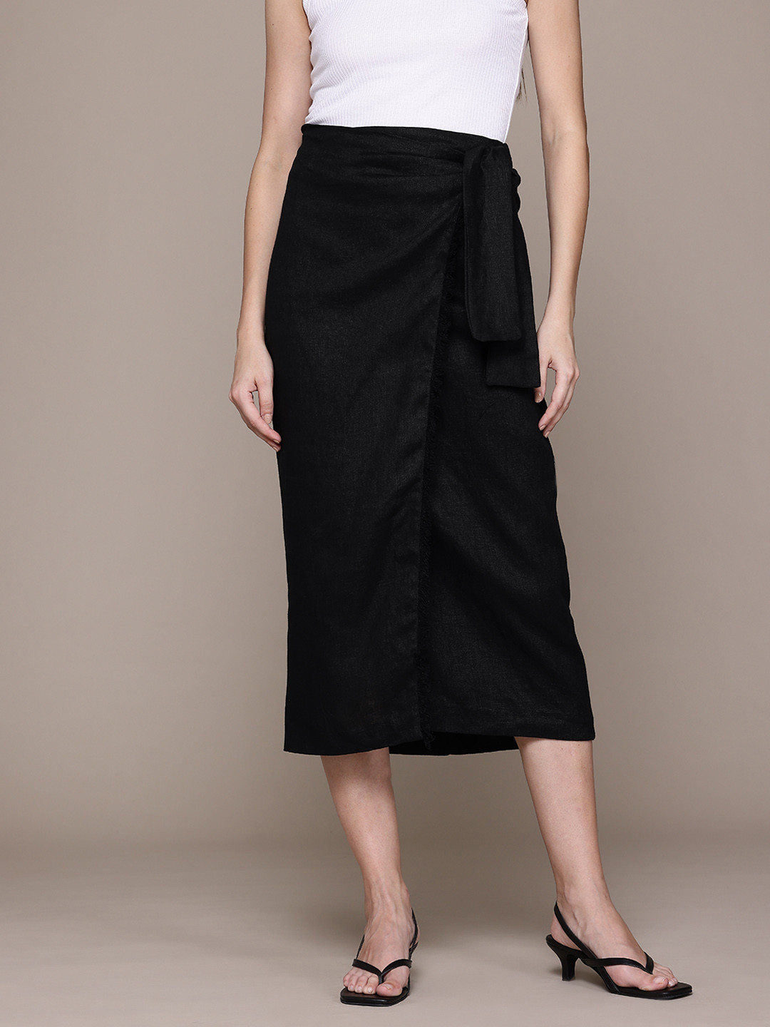MANGO Mid-Rise Belted Detail Pure Linen Midi Wrap Skirt
