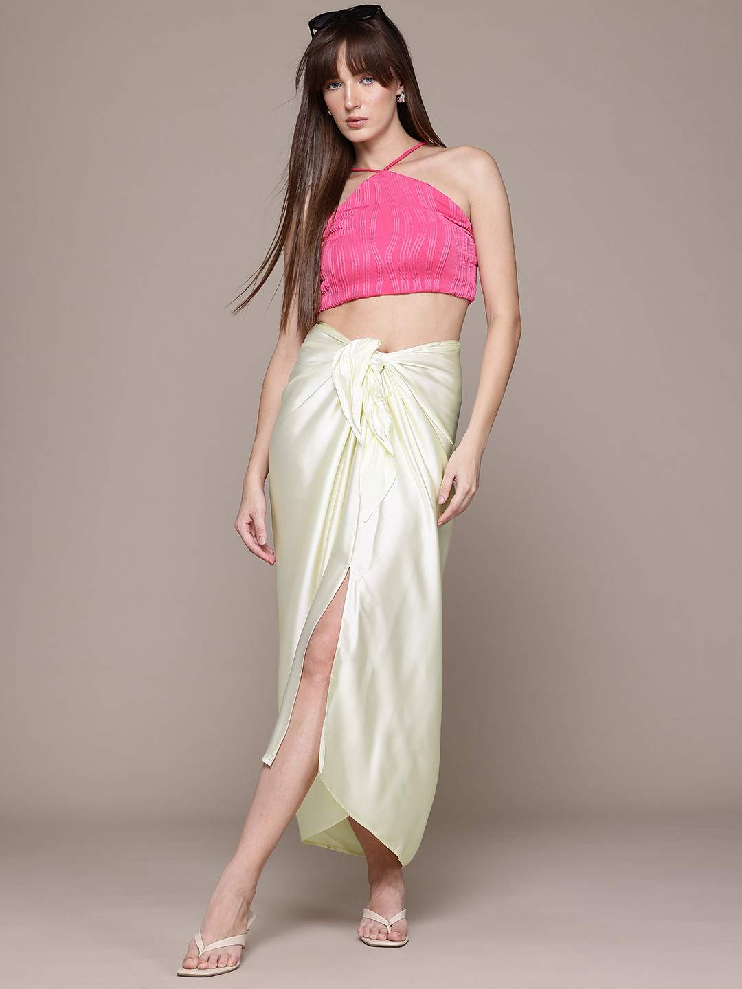 MANGO Mid-Rise Satin Finish Knot Detail Asymmetric Hem Maxi Straight Skirt with Front Slit