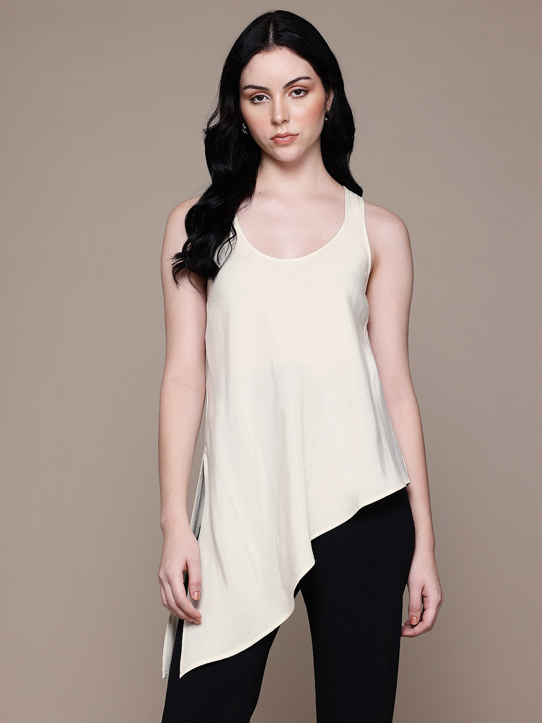 MANGO Scoop Neck Asymmetric Longline Tank Top with Side Slit