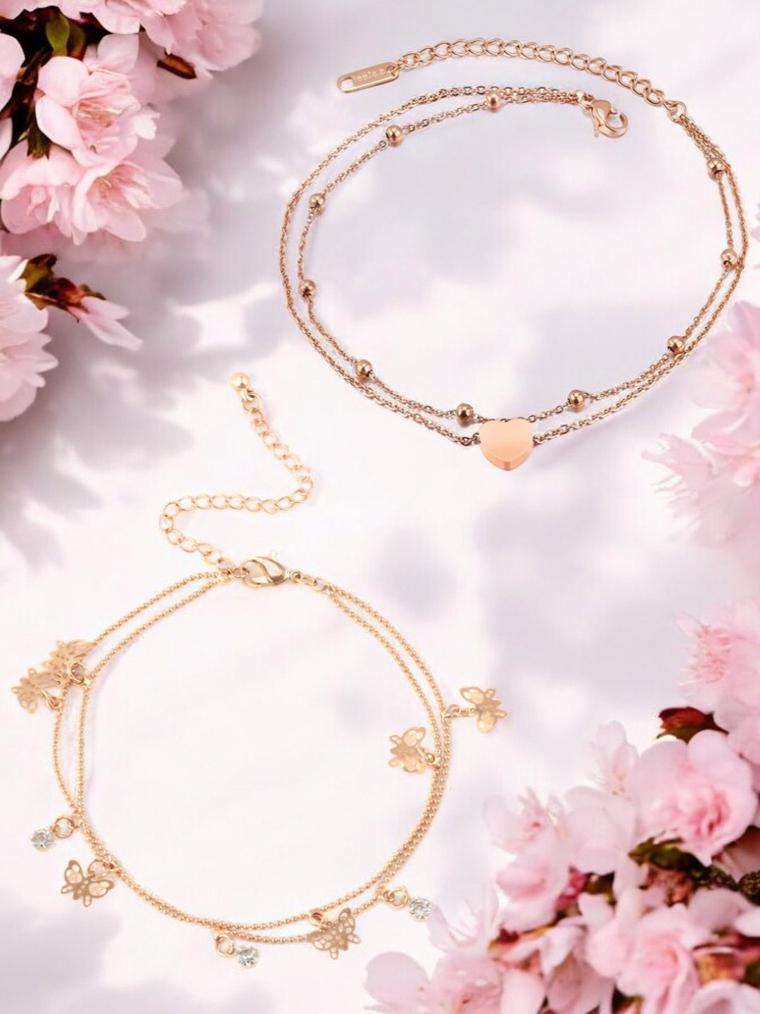DressBerry Set of 2 Gold-Plated Multi Layer Butterfly & Heart Shaped Anklets