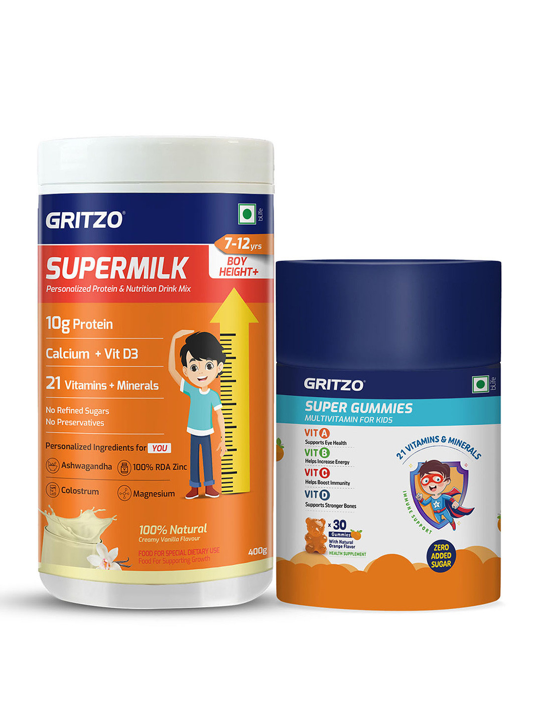 Gritzo Super Milk Height Protein - Vanilla - 400 g & Super Gummies - Orange - 30 Gummies