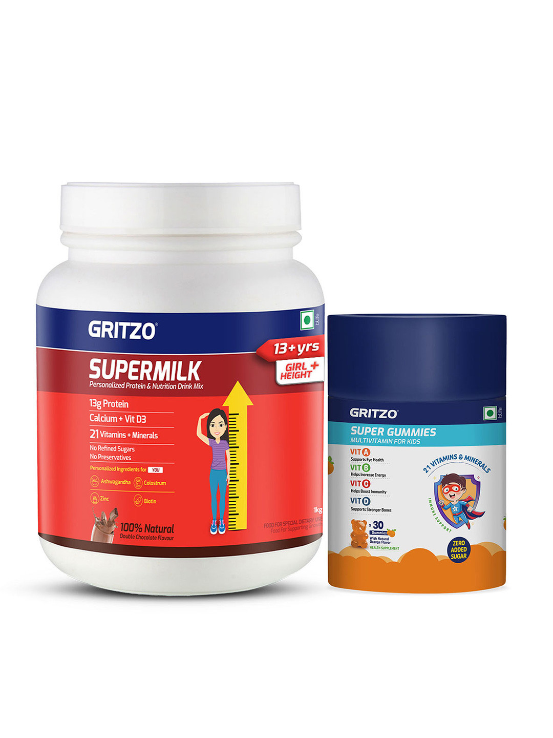Gritzo Set Of 2 Supermilk Height+ - 1 Kg - Chocolate & Super Gummies - 30 Nos - Orange