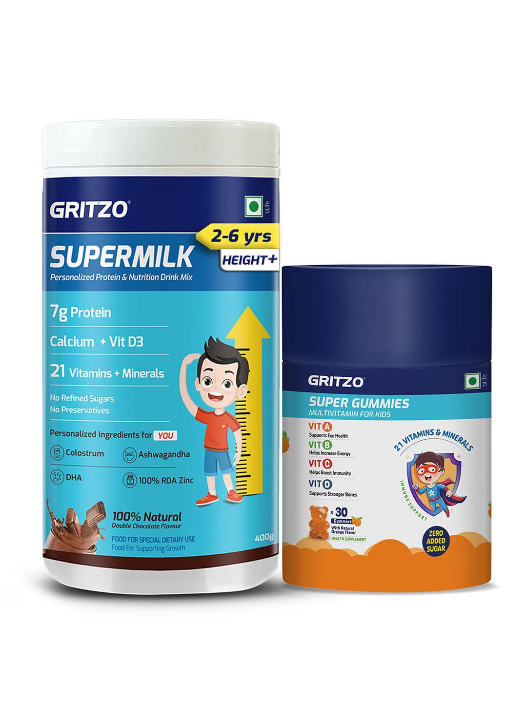 Gritzo Set Of 2 Supermilk Height+ 400 g - Double Chocolate & Super Gummies 30Nos - Orange