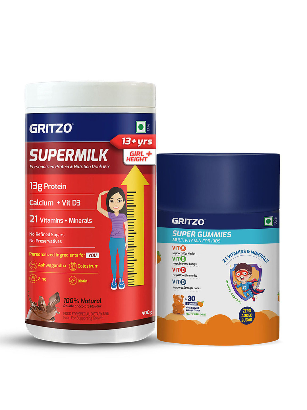 Gritzo Set Of 2 Supermilk Height+ - 400 g - Chocolate & Super Gummies - 30 Nos - Orange