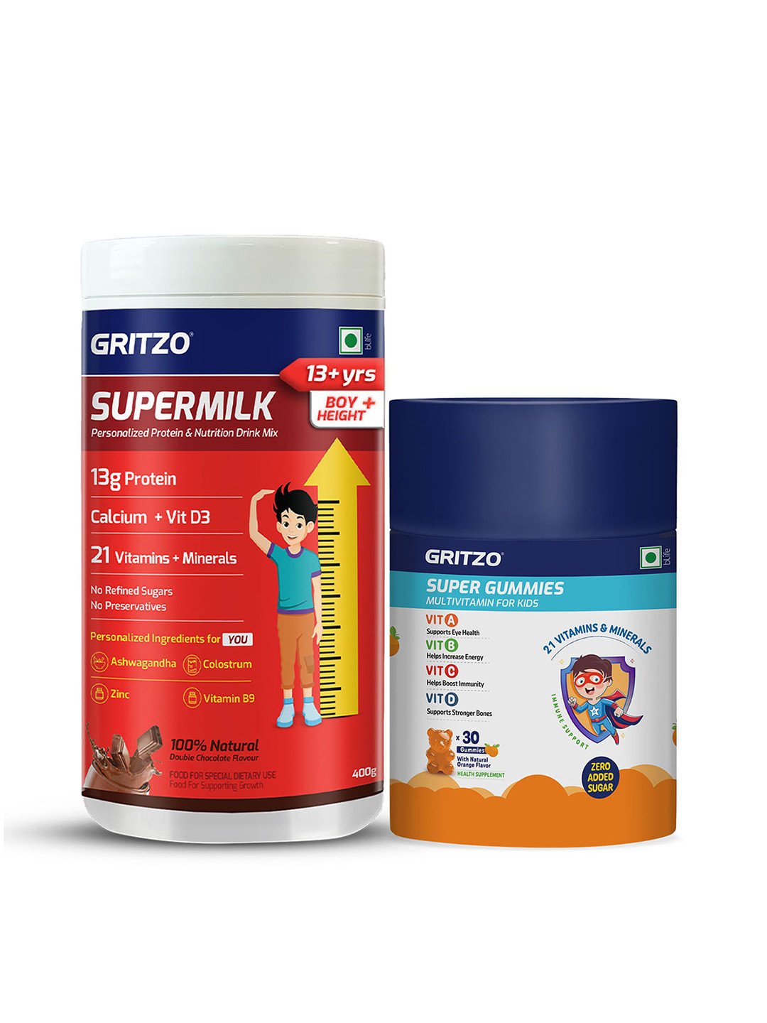 Gritzo Set Of 2 Supermilk Height+ - 400 g - Chocolate & Super Gummies - 30 Nos - Orange