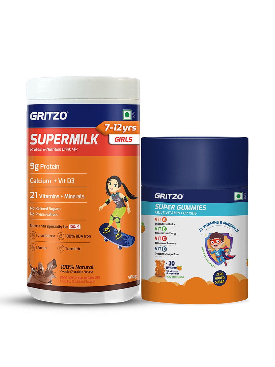 Gritzo Set Of 2 Supermilk Height+ - 400 g - Chocolate & Super Gummies - 30 Nos - Orange