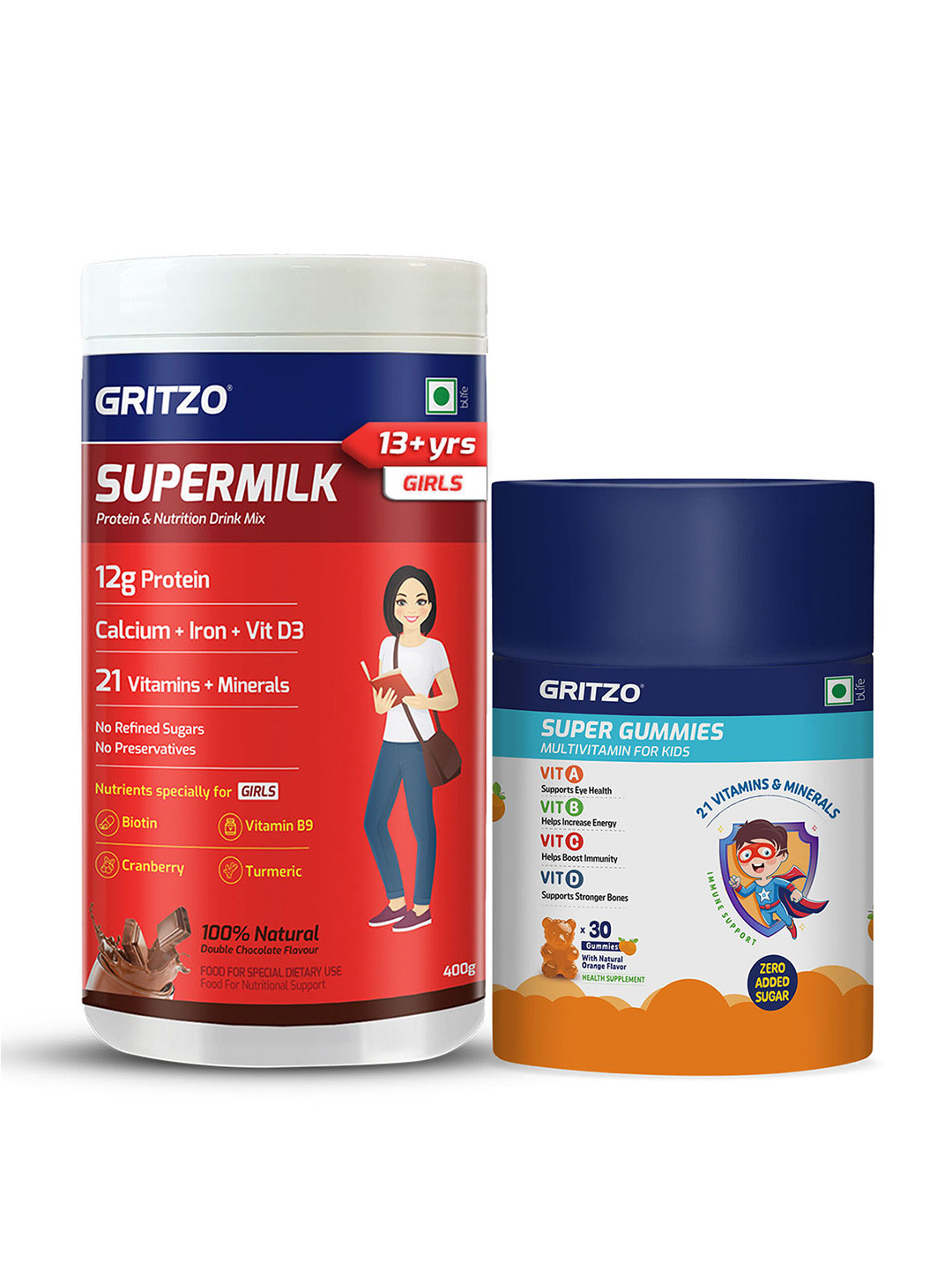 Gritzo Set Of 2 Supermilk Height+ - 400 g - Chocolate & Super Gummies - 30Nos - Orange