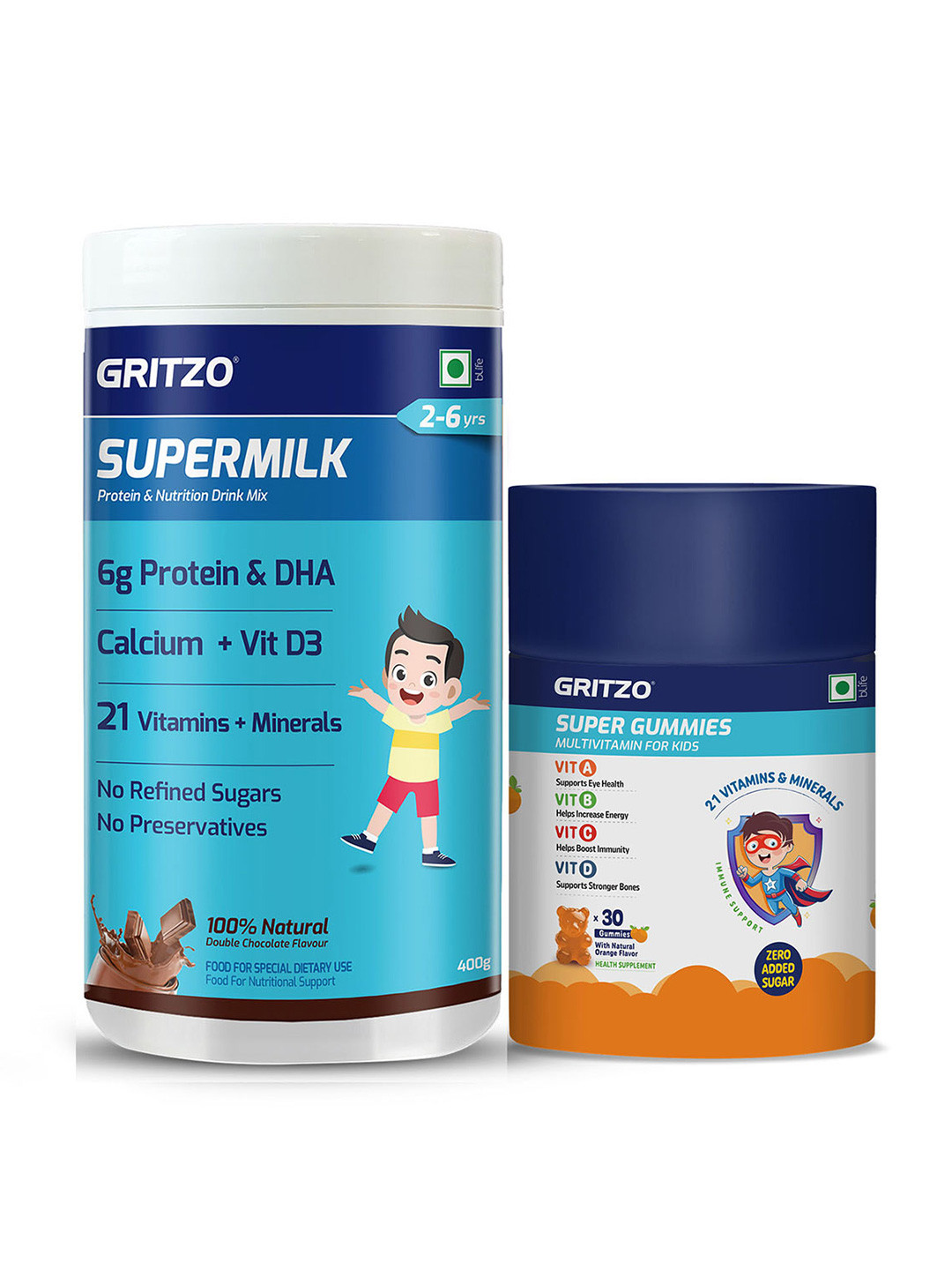 Gritzo Set Of 2 Supermilk - 400 g - Double Chocolate & Super Gummies - 30 Nos - Orange