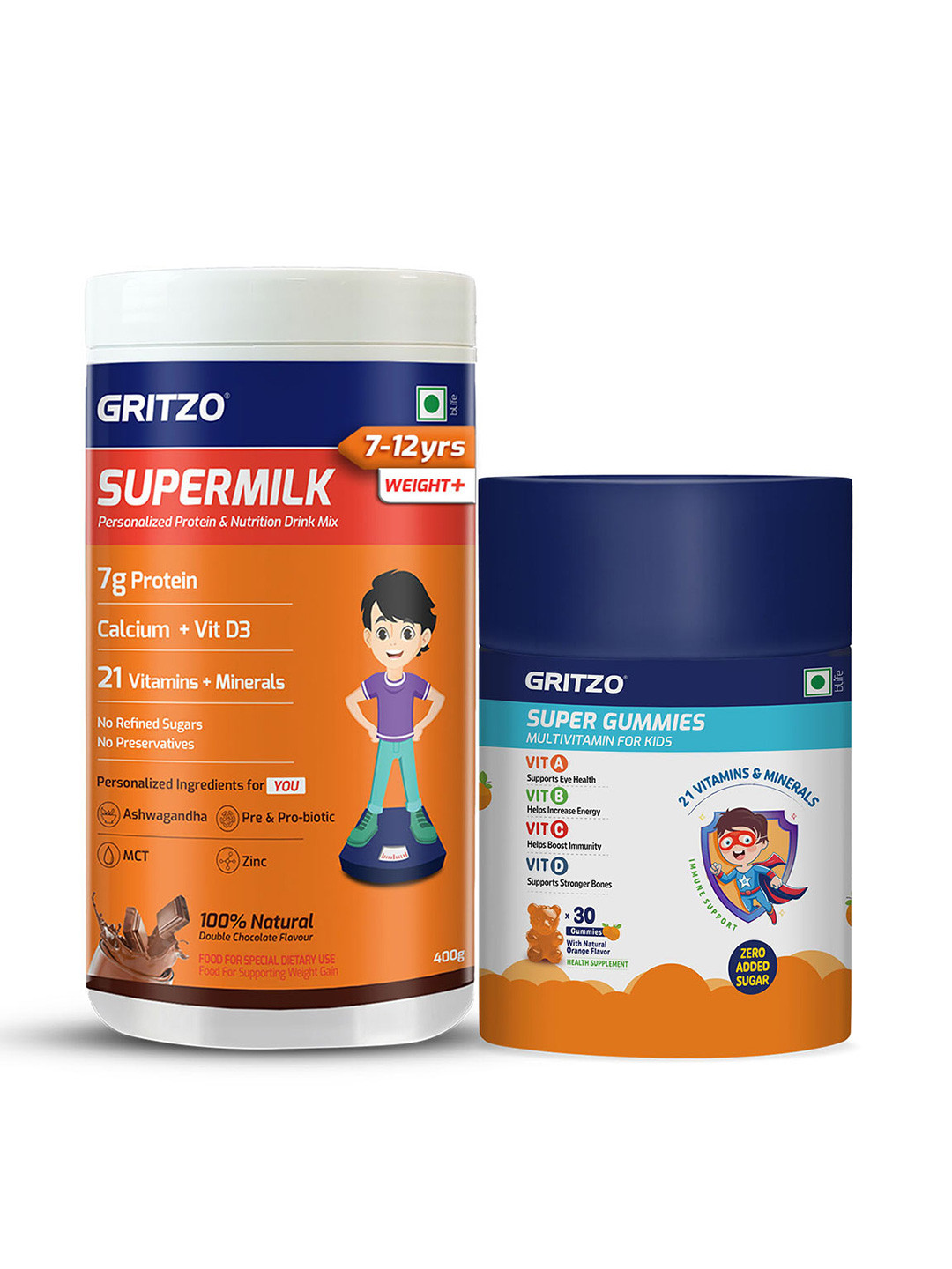 Gritzo Set Of 2 Supermilk Weight+ - 400 g - Chocolate & Super Gummies - 30 Nos - Orange