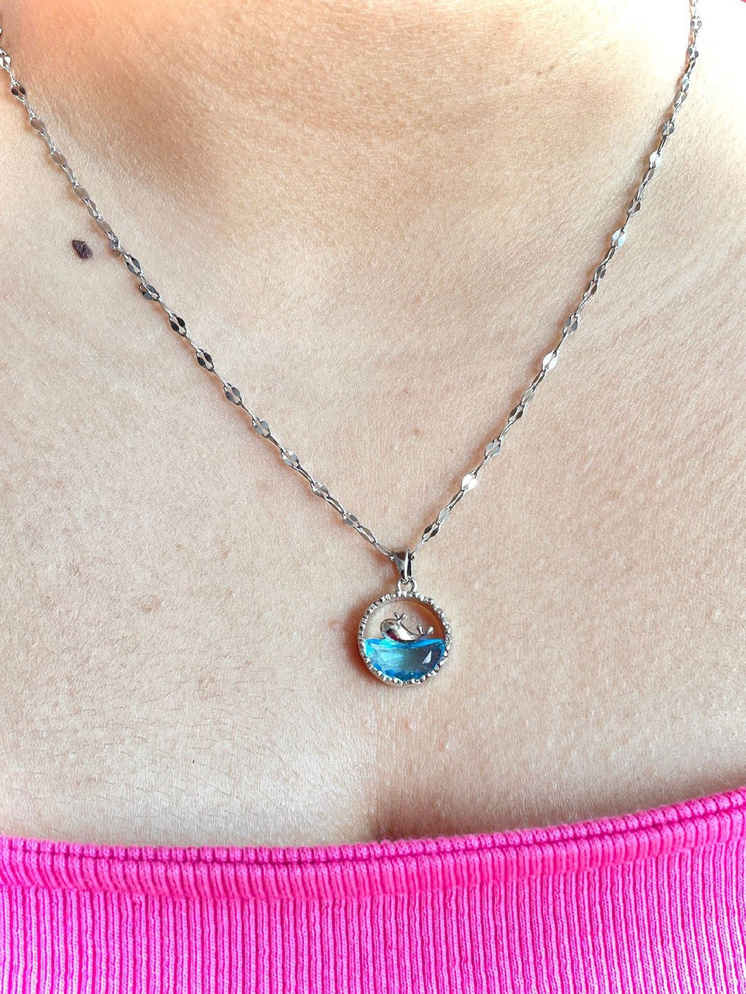 ISHKAARA Rhodium-Plated Dolphin Ocean Stone-Studded Pendant With Chain