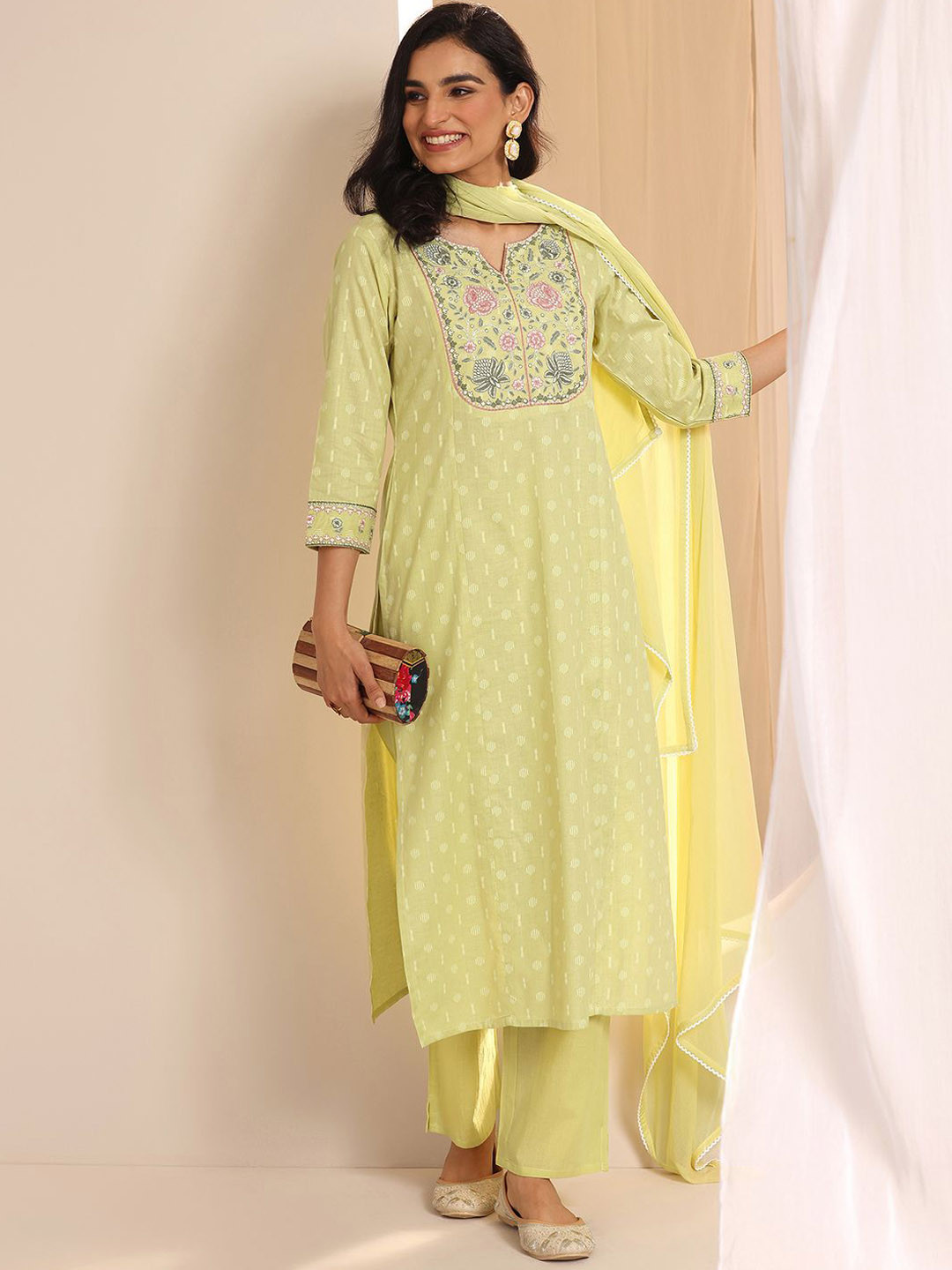 Libas Floral Woven Design Thread Work Notch Neck Straight Kurta With Trousers And Dupatta