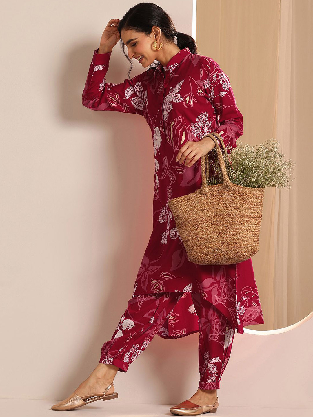 Libas Floral Printed Shirt Collar Rolled-Up Sleeves Straight Kurta With Salwar