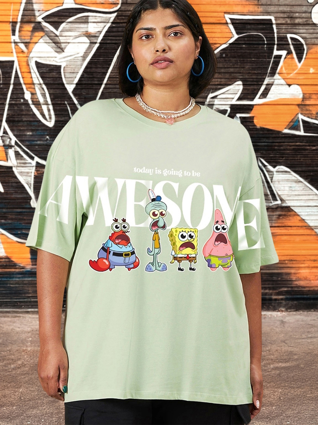 Bewakoof Plus Spongebob Printed Pure Cotton Oversized T-shirt